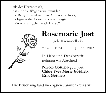 Traueranzeige von Rosemarie Jost von Trauerportal Rhein Main Presse