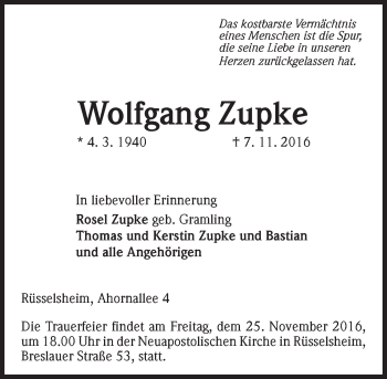 Traueranzeige von Wolfgang Zupke von Trauerportal Rhein Main Presse