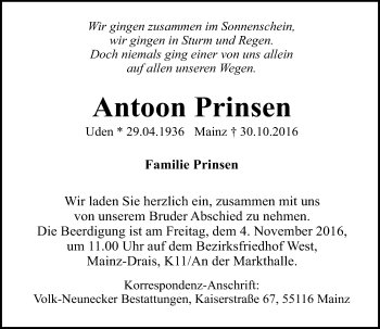 Traueranzeige von Antoon Prinsen von Trauerportal Rhein Main Presse