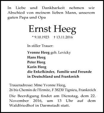 Traueranzeige von Ernst Heeg von Trauerportal Echo Online