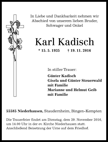 Traueranzeige von Karl Kadisch von Trauerportal Rhein Main Presse