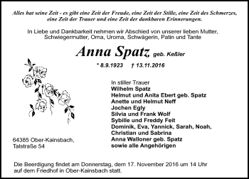 Traueranzeige von Anna Spatz von Trauerportal Echo Online
