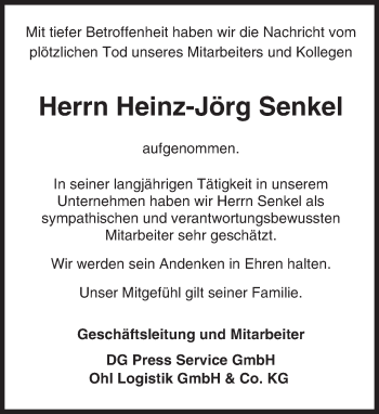 Traueranzeige von Heinz-Jörg Senkel von Trauerportal Rhein Main Presse