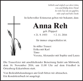 Traueranzeige von Anna Reh von  Kreisanzeiger
