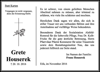 Traueranzeige von Grete Houserek von VRM Trauer