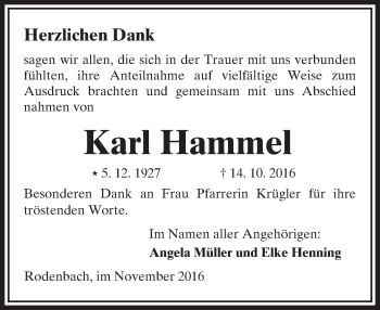 Traueranzeige von Karl Hammel von  Kreisanzeiger