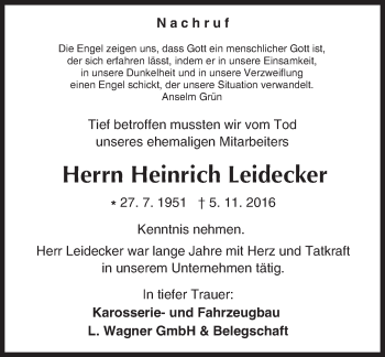 Traueranzeige von Heinrich Leidecker von Trauerportal Echo Online