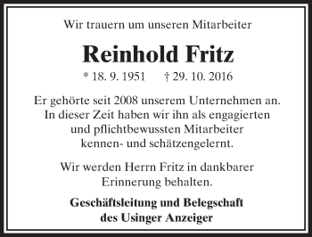 Traueranzeige von Reinhold Fritz von  Usinger Anzeiger