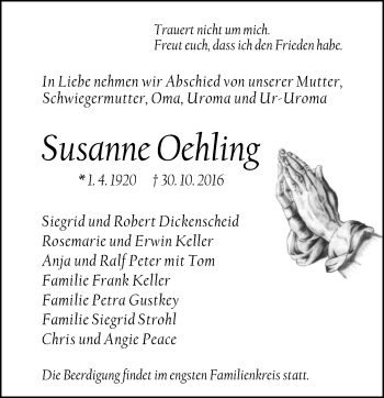 Traueranzeige von Susanne Oehling von Trauerportal Rhein Main Presse