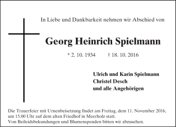 Traueranzeige von Georg Heinrich Spielmann von  Gelnhäuser Tageblatt