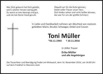 Traueranzeige von Toni Müller von Trauerportal Rhein Main Presse
