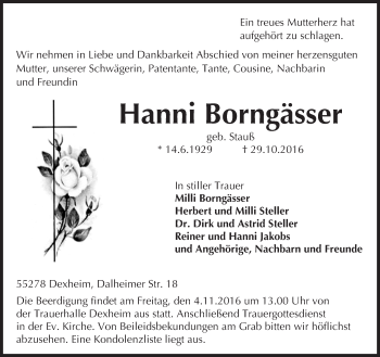 Traueranzeige von Hanni Borngässer von Trauerportal Rhein Main Presse