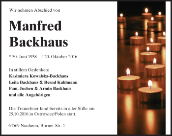 Traueranzeige von Manfred Backhaus von Trauerportal Echo Online