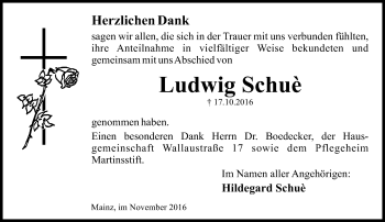 Traueranzeige von Ludwig Schuè von Trauerportal Rhein Main Presse