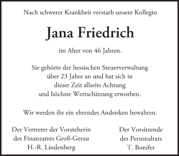 Traueranzeige von Jana Friedrich von Trauerportal Echo Online