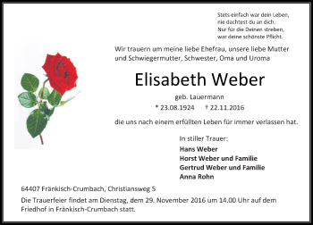 Traueranzeige von Elisabeth Weber von Trauerportal Echo Online