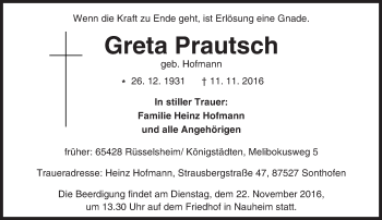 Traueranzeige von Greta Prautsch von Trauerportal Echo Online