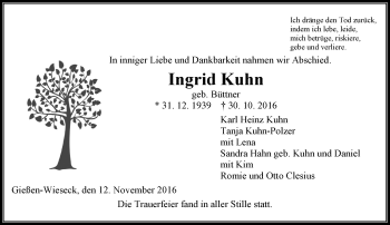 Traueranzeige von Ingrid Kuhn von  Gießener Anzeiger