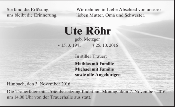 Traueranzeige von Ute Röhr von  Kreisanzeiger