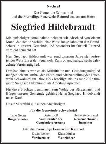 Traueranzeige von Siegfried Hildebrandt von VRM Trauer