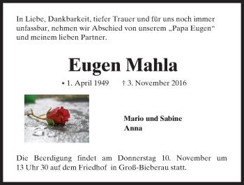 Traueranzeige von Eugen Mahla von Trauerportal Echo Online