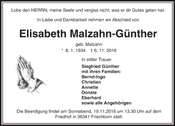 Traueranzeige von Elisabeth Malzahn-Günther von VRM Trauer