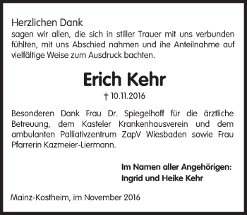 Traueranzeige von Erich Kehr von Trauerportal Rhein Main Presse