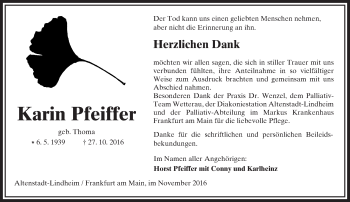 Traueranzeige von Karin Pfeiffer von  Kreisanzeiger