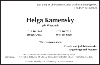 Traueranzeige von Helga Kamensky von Trauerportal Rhein Main Presse