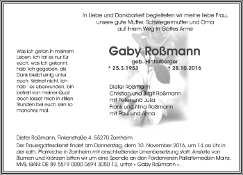 Traueranzeige von Gaby Roßmann von Trauerportal Rhein Main Presse