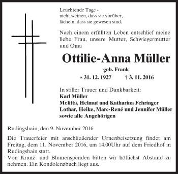 Traueranzeige von Ottilie-Anna Müller von  Kreisanzeiger