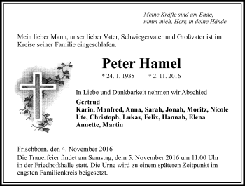 Traueranzeige von Peter Hamel von VRM Trauer