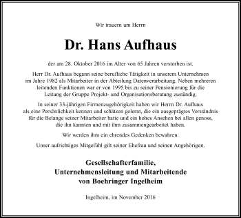 Traueranzeige von Hans Aufhaus von Trauerportal Rhein Main Presse