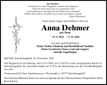 Traueranzeige von Anna Dehmer von  Gelnhäuser Tageblatt