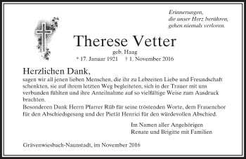 Traueranzeige von Therese Vetter von  Usinger Anzeiger