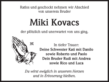 Traueranzeige von Miki Kovacs von Trauerportal Rhein Main Presse