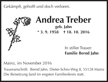 Traueranzeige von Andrea Treber von Trauerportal Rhein Main Presse