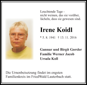Traueranzeige von Irene Koidl von VRM Trauer
