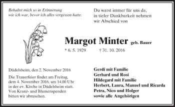 Traueranzeige von Margot Minter von  Kreisanzeiger
