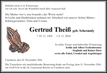 Traueranzeige von Gertrud Theiß von  Kreisanzeiger