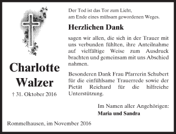 Traueranzeige von Charlotte Walzer von  Kreisanzeiger