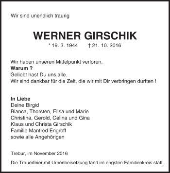 Traueranzeige von Werner Girschik von Trauerportal Echo Online