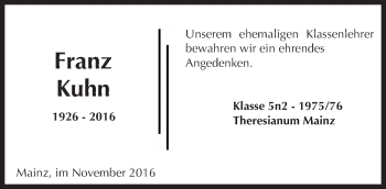 Traueranzeige von Franz Kuhn von Trauerportal Rhein Main Presse