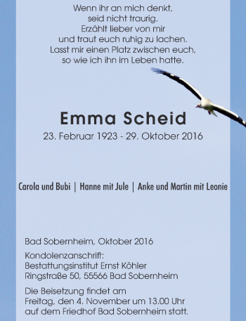 Traueranzeige von Emma Scheid von Trauerportal Rhein Main Presse