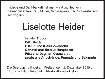 Traueranzeige von Liselotte Heider von Trauerportal Echo Online