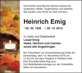 Traueranzeige von Heinrich Emig von Trauerportal Echo Online