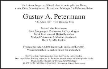 Traueranzeige von Gustav A. Petermann von Trauerportal Echo Online