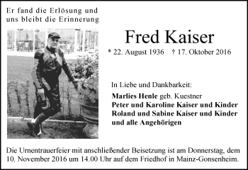 Traueranzeige von Fred Kaiser von Trauerportal Rhein Main Presse