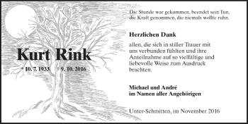Traueranzeige von Kurt Rink von  Kreisanzeiger