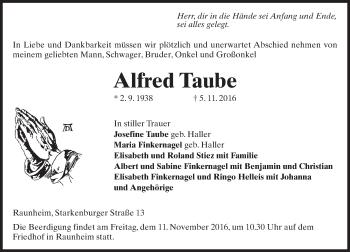 Traueranzeige von Alfred Taube von Trauerportal Rhein Main Presse